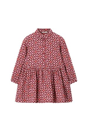 Langärmliges Kleid mit rotem und pinkfarbenem geometrischem Blumenmuster, vorne geknöpft und mit geraffter Taille.