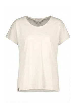 Plain light beige short-sleeve crew neck T-shirt with a small tag near the bottom hem.