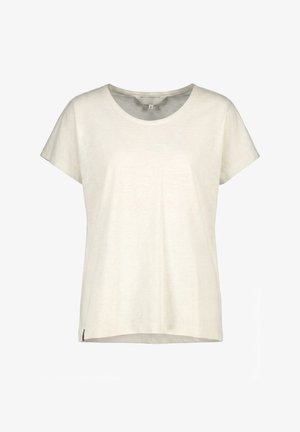 Plain light beige short-sleeve crew neck T-shirt with a small tag near the bottom hem.