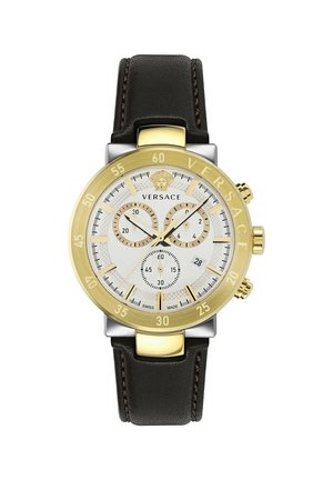 Versace chronograph watch featuring a gold-tone bezel, silver dial, black leather strap, and three sub-dials with index markers.