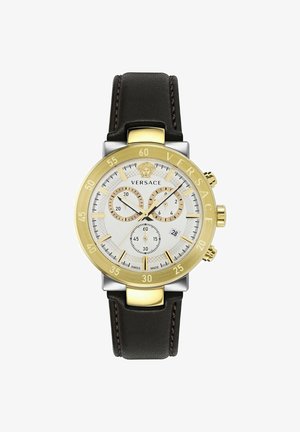 Versace Chronograph-Uhr mit einer vergoldeten Lünette, silbernem Zifferblatt, schwarzem Lederarmband und drei Subdials mit Indizes.