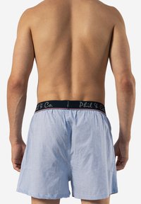 Blaue und weiße gestreifte Boxer Shorts mit elastischem Bund, das graue Schriftzüge und rote Akzente aufweist. Aus Baumwolle; lockerer Schnitt.
