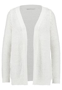 Bílý pletený kardigan s otevřeným předním dílem, dlouhými rukávy a žebrovanými manžetami, lemem a výstřihem.