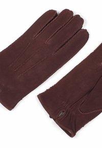Hnědé zamšové rukavice s třemi švy na prstech a hladkým povrchem. Mezi vlastnostmi se nachází elastické zakončení pro pohodlné nošení.
