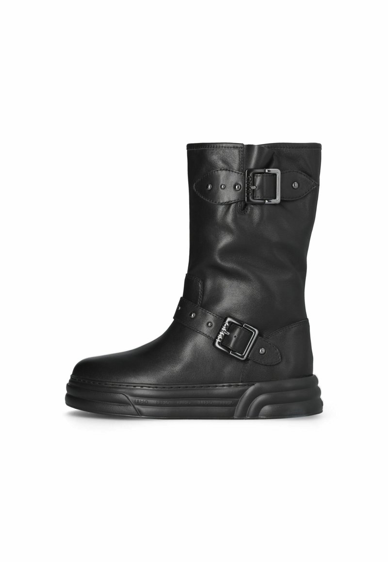 Schwarze Leder-Ankle-Boots mit runder Zehenform, zwei dekorativen Schnallen und einer stabilen Sohle. Verfügt über eine glatte Textur und ein minimalistisches Design.