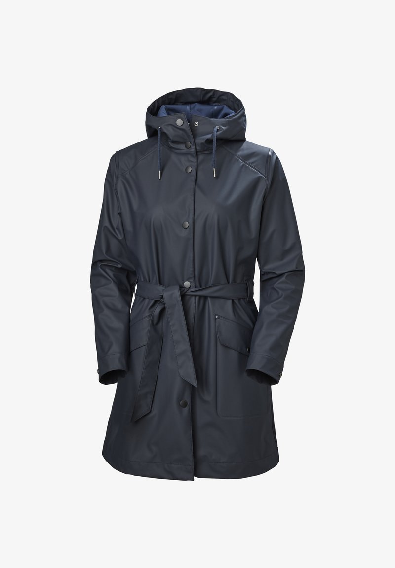 Voděodolný modrý deštník s kapucí, nastavitelné šňůrky, patentky, opasek a dvě přední kapsy pro úschovu.