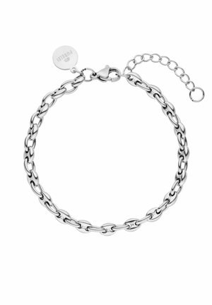 Metalen kettingarmband in zilverkleur, bestaande uit ovale schakels, een karabijnhaak sluiting en een verstelbare ketting met een cirkelvormig tagdetail.