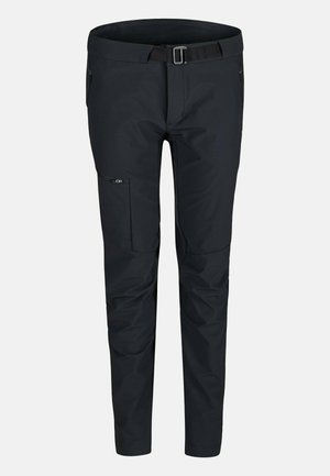 Black outdoor pants made from stretchable fabric, featuring a belt, zippered pockets, and articulated knees for ease of movement.
