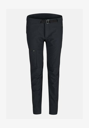 Black outdoor pants made from stretchable fabric, featuring a belt, zippered pockets, and articulated knees for ease of movement.