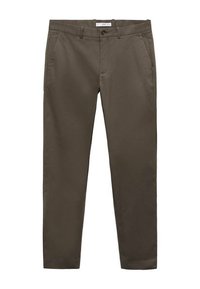Pantalones verde oliva con corte recto, fabricados en tejido suave. Presentan dos bolsillos frontales y un cierre de botón en la cintura.