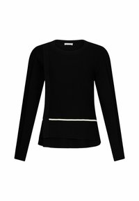 Maglione nero a maglia con maniche lunghe, scollatura rotonda e una striscia bianca accentuata vicino all'orlo. Presenta una vestibilità rilassata e polsini a coste.