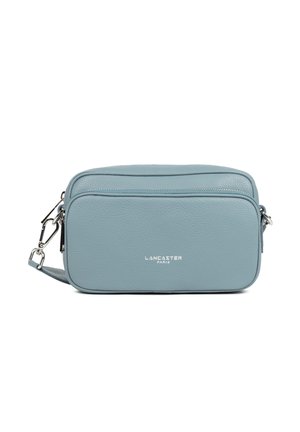 Borsa a tracolla blu in pelle con finitura texturizzata, due scomparti con zip e logo del marchio argentato sulla parte anteriore. Inclusa una tracolla regolabile.