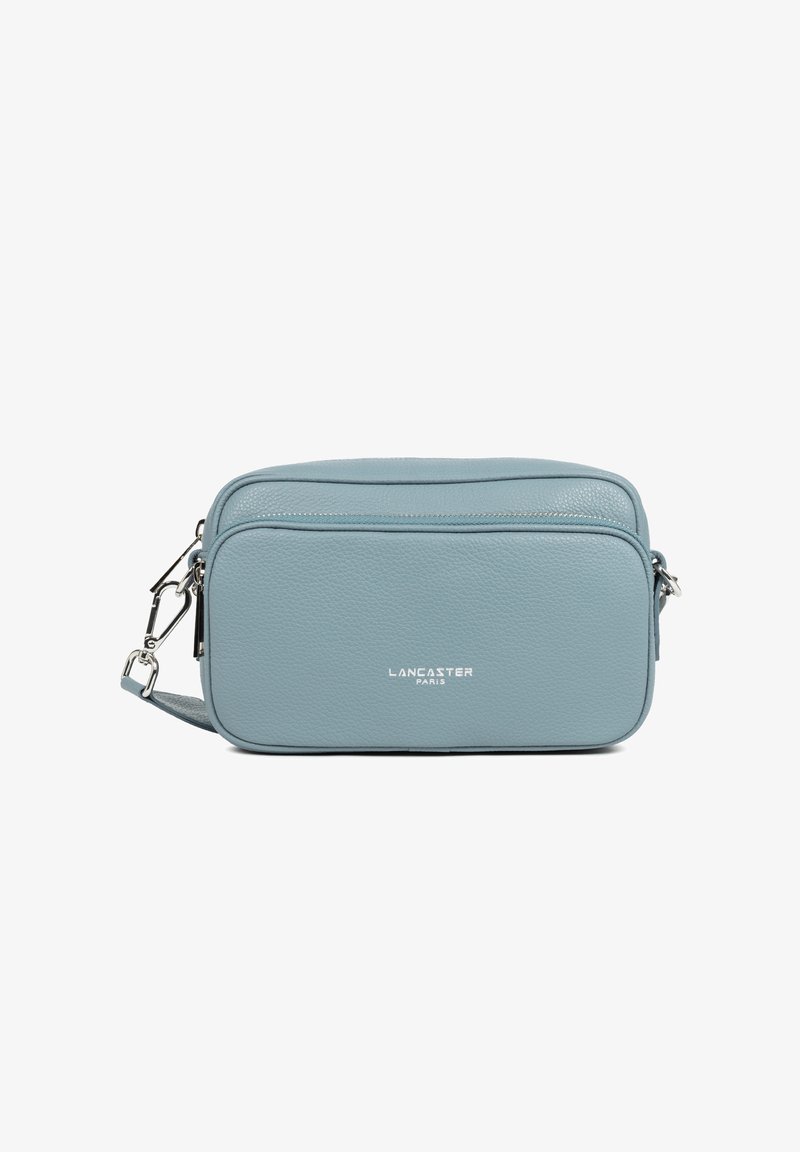 Borsa a tracolla blu in pelle con finitura texturizzata, due scomparti con zip e logo del marchio argentato sulla parte anteriore. Inclusa una tracolla regolabile.