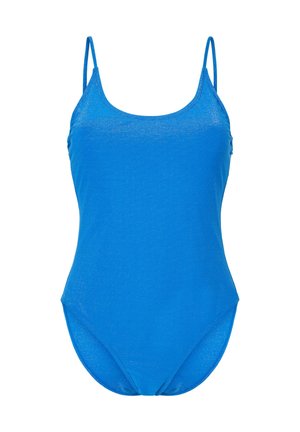 Maillot de bain une pièce bleu uni avec fines bretelles et encolure dégagée sur fond blanc.