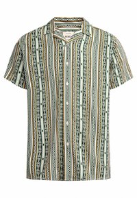 Short-sleeved shirt in light green fabric featuring vertical stripes of white, brown, and black geometric patterns, with a button front and collar.