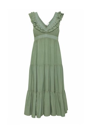 Vestido midi sin mangas de color verde oliva con escote en V, falda en capas y detalles con volantes a lo largo del escote y los hombros.