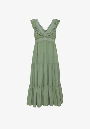 Robe midi sans manches vert olive avec col en V, jupe à volants et détails froncés le long de l'encolure et des épaules.