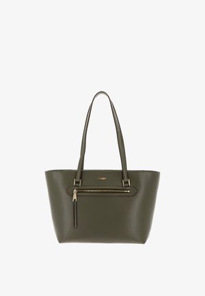 Olive green leather tote bag with double shoulder straps, front zip pocket, and small gold DKNY logo above the pocket.