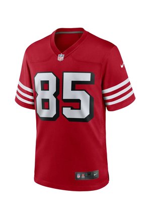 Rotes Football-Trikot aus Stoff mit V-Ausschnitt, mit weißen Streifen an den Ärmeln, großer schwarzer Nummer "85" und Nike-Logo. Größe M.