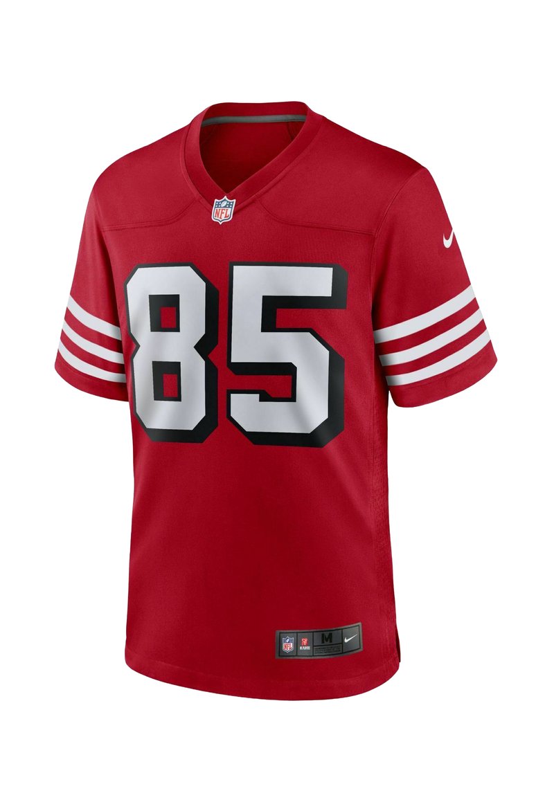 Maillot de football rouge en tissu avec un col en V, présentant des rayures blanches sur les manches, un grand numéro noir "85" et un logo Nike. Taille M.