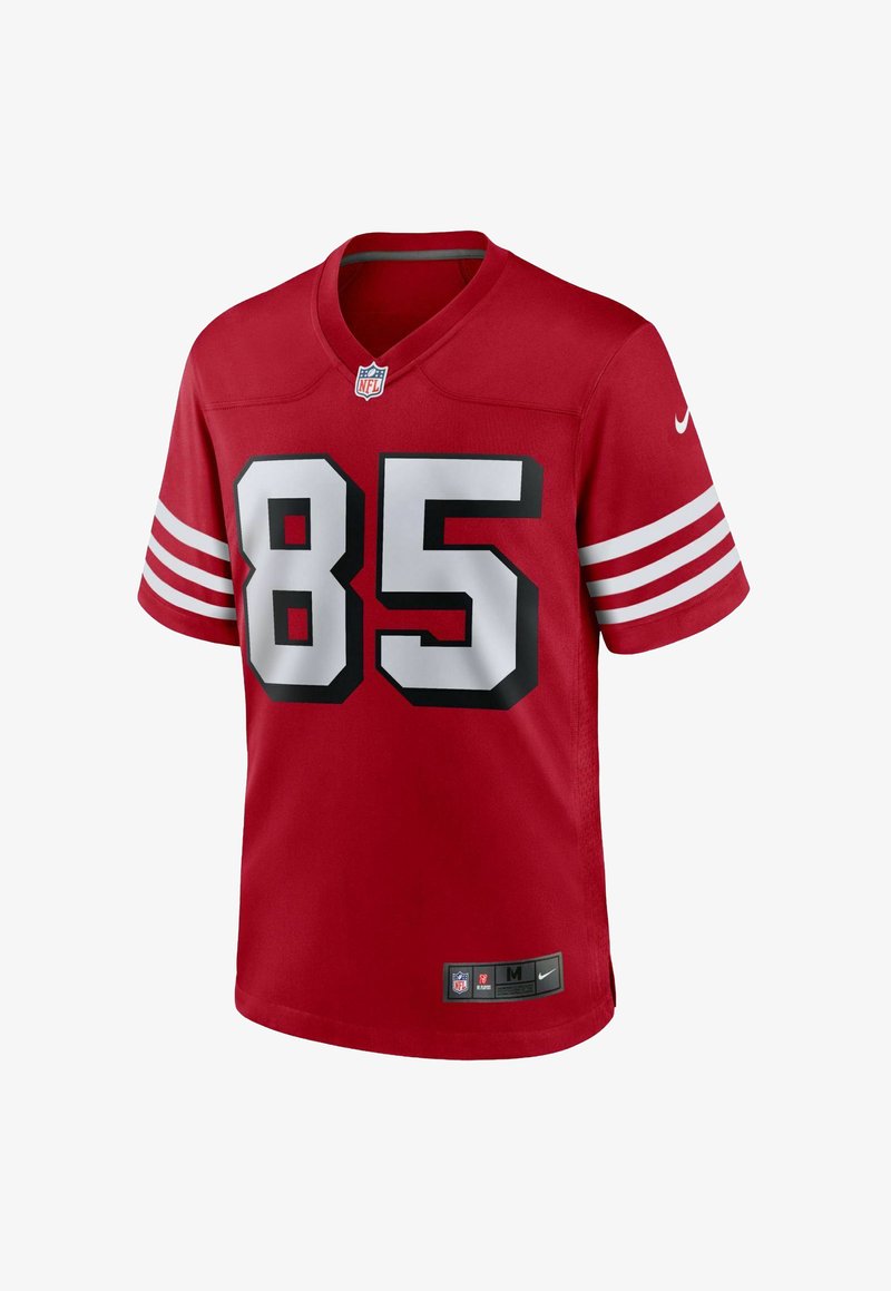 Maillot de football rouge en tissu avec un col en V, présentant des rayures blanches sur les manches, un grand numéro noir "85" et un logo Nike. Taille M.