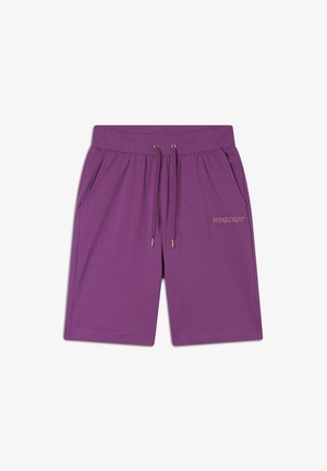 Shorts sportivi viola realizzati in morbido tessuto, con una vita elastica dotata di cordoncino, tasche laterali e un piccolo logo dorato.