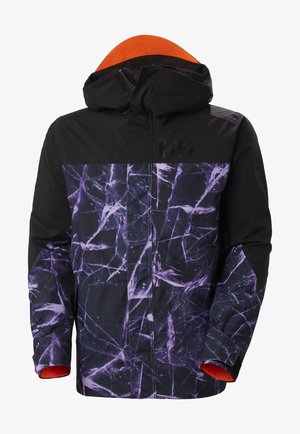 Waterproof jacket with a geometric purple and black pattern, black hood, orange inner lining, and a logo on the chest.