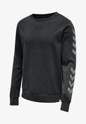 Schwarzer Sweatshirt mit langen Ärmeln, rundem Ausschnitt und grauen Chevron-Mustern, die den rechten Ärmel hinunterlaufen. Gerippte Bündchen und Saum.