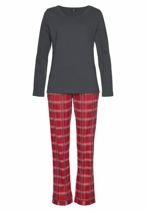 Gray long-sleeve shirt paired with red and black plaid pajama pants featuring a flared hem, soft cotton material, and a relaxed fit.