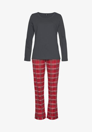 Gray long-sleeve shirt paired with red and black plaid pajama pants featuring a flared hem, soft cotton material, and a relaxed fit.