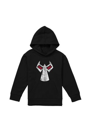 Schwarzer Hoodie mit Fronttasche und einem großen stilisierten weißen und roten abstrakten Gesichtsmotiv auf der Brust.