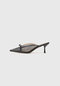 Black mesh slingback shoe with pointed toe and a small heel. Features a decorative bow on the upper and a smooth sole. Lightweight design.