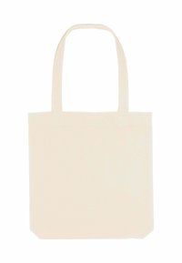 Borsa a spalla in cotone beige con due lunghe maniglie, design semplice, senza loghi o pattern, appoggiata su uno sfondo bianco.