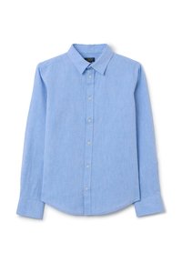 Camicia a maniche lunghe di colore azzurro chiaro realizzata in un misto lino. Presenta un colletto, una chiusura con bottoni e un orlo arrotondato. Texture liscia con una trama sottile.