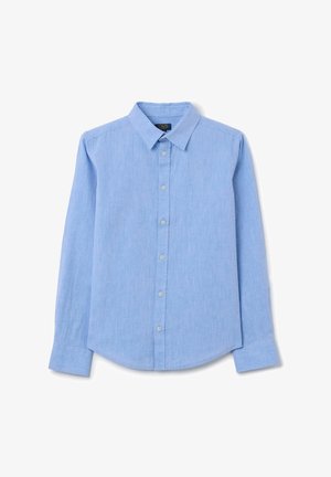 Lichtblauwe blouse met lange mouwen van een linnenmix. Heeft een kraagnek, knopen aan de voorkant en een afgeronde zoom. Glad textuur met subtiele weving.