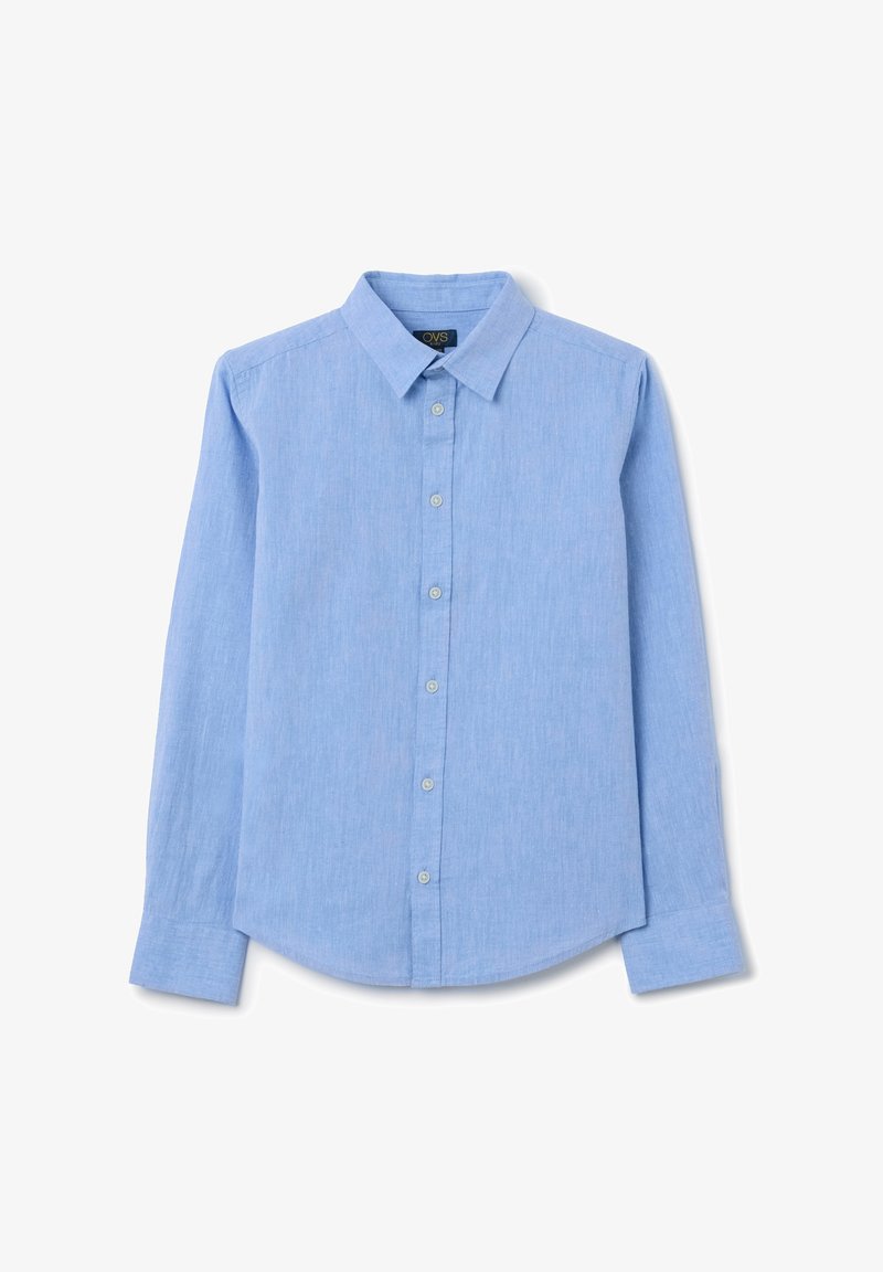 Lichtblauwe blouse met lange mouwen van een linnenmix. Heeft een kraagnek, knopen aan de voorkant en een afgeronde zoom. Glad textuur met subtiele weving.