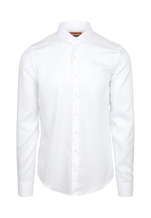 White long-sleeve dress shirt made of smooth fabric, featuring a button-down front, pointed collar, and neatly stitched cuffs.