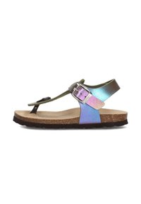 Thong-stijl sandaal met iriserende banden in tinten groen en blauw, kurken voetbed en een gestructureerde rubberen zool. Zilverkleurige gesp detail.