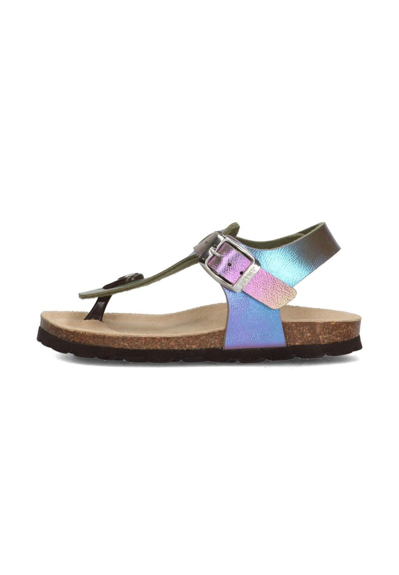 Thong-stijl sandaal met iriserende banden in tinten groen en blauw, kurken voetbed en een gestructureerde rubberen zool. Zilverkleurige gesp detail.