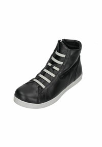 Black leather high-top sneaker with white elastic laces, zip closure, and a white rubber sole. Smooth texture and minimalist design.
