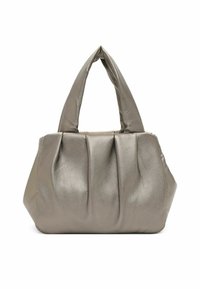 Borsa in pelle grigia metallica con design plissettato, manici allungati e forma arrotondata. Texture liscia con finitura lucida.