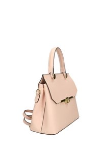 Borsa in pelle rosa con dettagli neri. Design strutturato, manico superiore e cinturino per spalla rimovibile. Accessori in tonalità oro e dettaglio della chiusura.