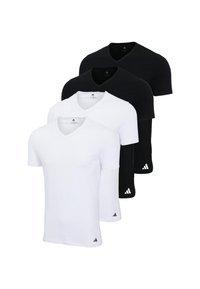 Fyra v-ringade t-tröjor i vitt och svart. Korta ärmar, tillverkade av mjukt material. Har små logotypdetaljer nära fållen.