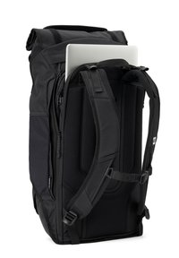 Black backpack with adjustable padded straps, roll-top closure, and a laptop compartment. Made from durable material with zippered pockets.