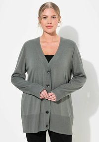 Långärmad, ljusgrön cardigan med V-hals, ribbat mönster och fyra mörka knappar fram. Har en avslappnad passform och medellång längd.