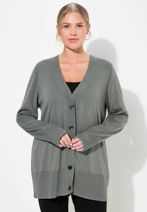 Langärmlige, hellgrüne Strickjacke mit V-Ausschnitt, gerippter Struktur und vier dunklen Knöpfen auf der Vorderseite. Hat einen lässigen Schnitt und eine mittellange Passform.