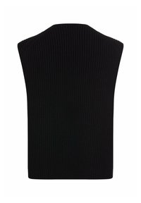 Schwarzes, geripptes, ärmelloses Top mit hohem Ausschnitt. Es weist vertikale Textur und einen geraden Saum auf, der eine figurbetonte Silhouette bietet.