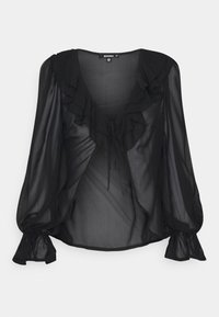 Schwarze durchsichtige Bluse mit langen, gepufften Ärmeln, rüschigem Ausschnitt und einer vorderen Bindung. Weiche Textur, leichtes Material und fließende Designelemente.