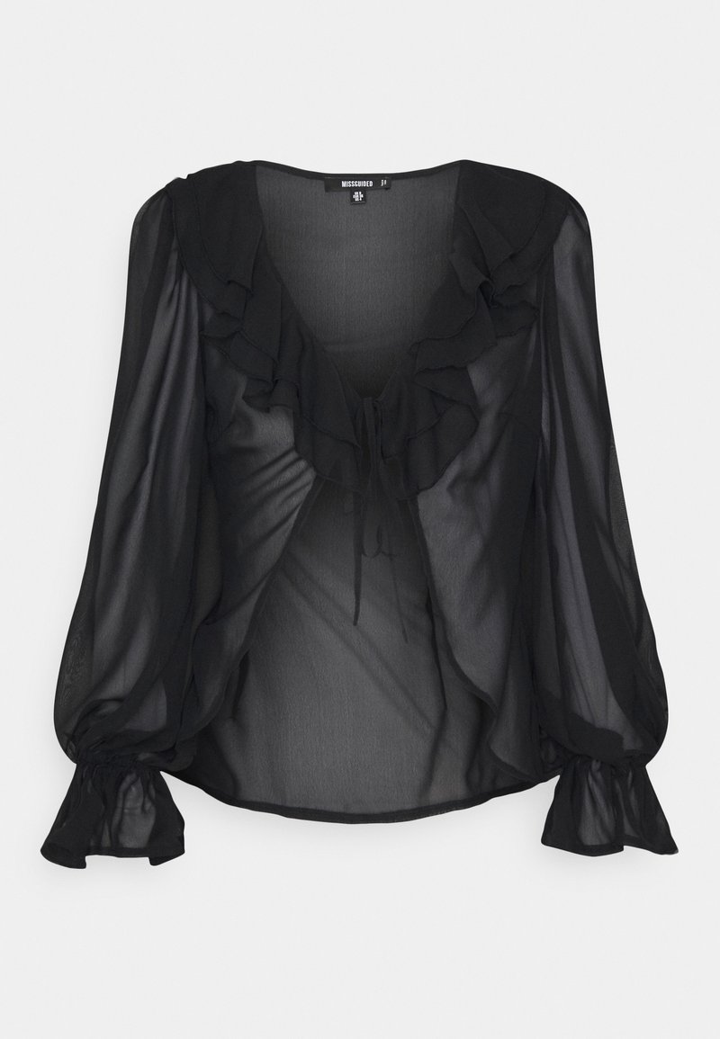Schwarze durchsichtige Bluse mit langen, gepufften Ärmeln, rüschigem Ausschnitt und einer vorderen Bindung. Weiche Textur, leichtes Material und fließende Designelemente.