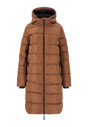 Brauner Puffercoat mit Kapuze, vertikal gesteppten Abschnitten, schwarzen Reißverschlüssen, Seitentaschen und elastischen Bündchen für zusätzliche Wärme.